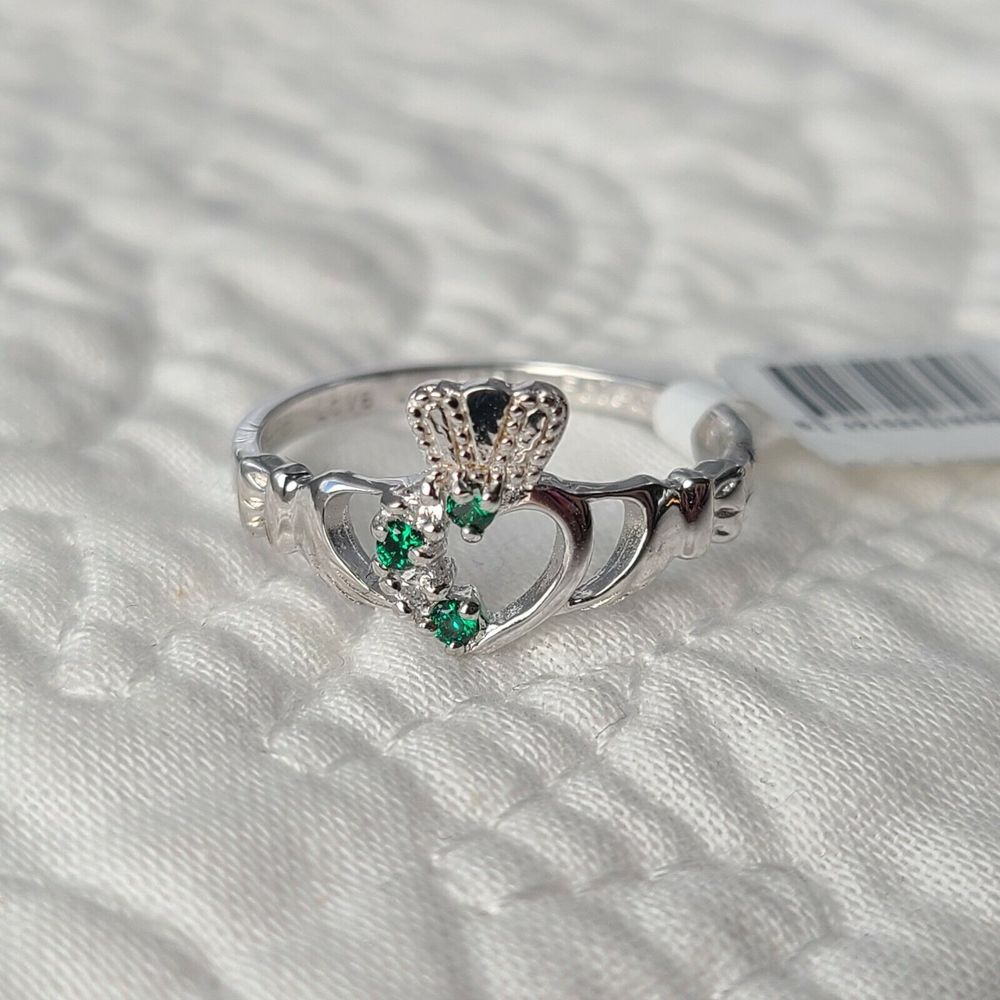 925 Silver Ring Green & White CZ Claddagh Heart of Ireland Shan Ore
